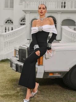 Uvandra Off Shoulder Crystal Bandage Maxi Dress