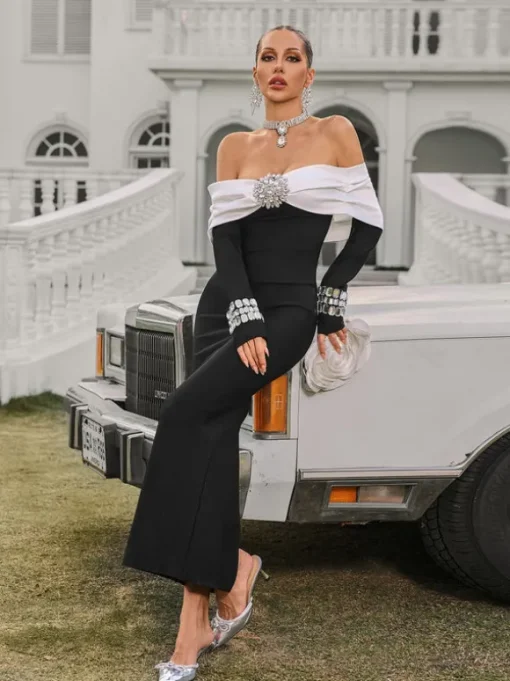 Uvandra Off Shoulder Crystal Bandage Maxi Dress