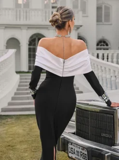 Uvandra Off Shoulder Crystal Bandage Maxi Dress