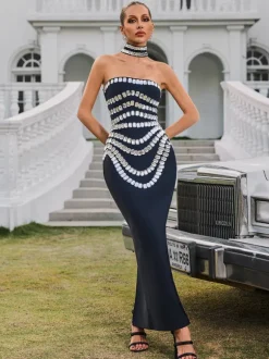 Vaelith Strapless Crystal Bandage Maxi Dress With Choker