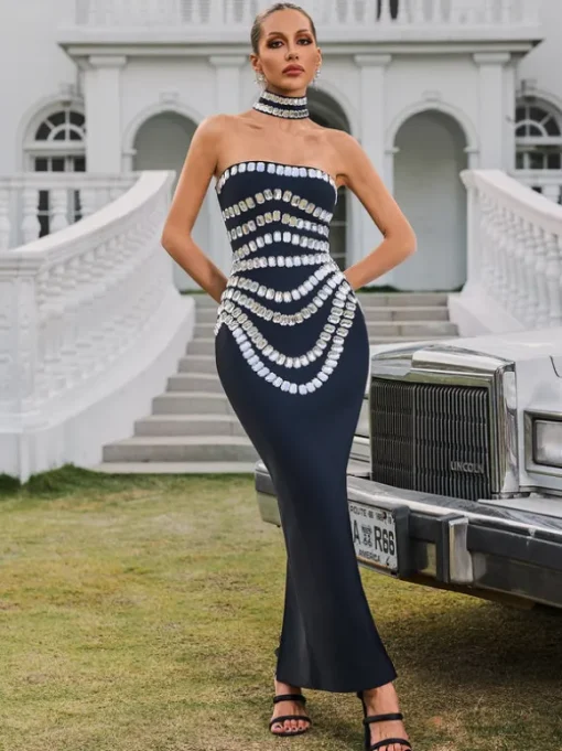 Vaelith Strapless Crystal Bandage Maxi Dress With Choker