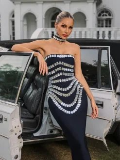Vaelith Strapless Crystal Bandage Maxi Dress With Choker