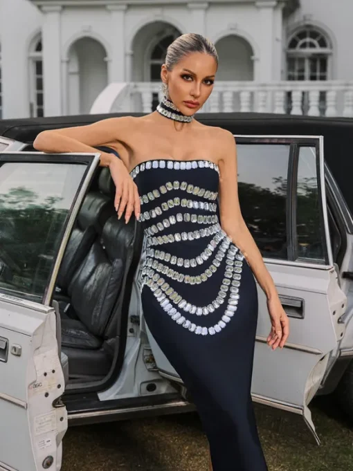 Vaelith Strapless Crystal Bandage Maxi Dress With Choker