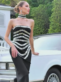 Vaelith Strapless Crystal Bandage Maxi Dress With Choker