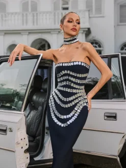 Vaelith Strapless Crystal Bandage Maxi Dress With Choker