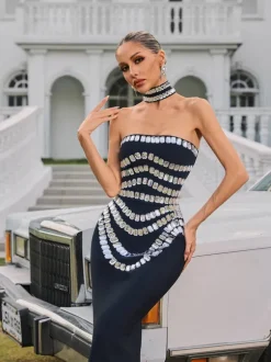 Vaelith Strapless Crystal Bandage Maxi Dress With Choker