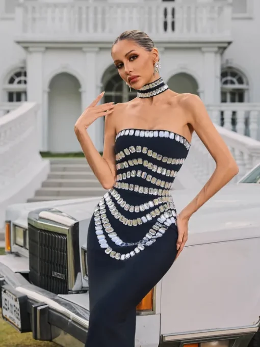 Vaelith Strapless Crystal Bandage Maxi Dress With Choker