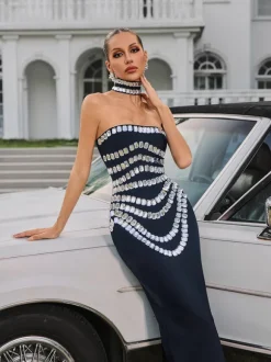 Vaelith Strapless Crystal Bandage Maxi Dress With Choker