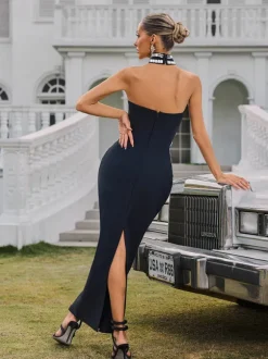 Vaelith Strapless Crystal Bandage Maxi Dress With Choker