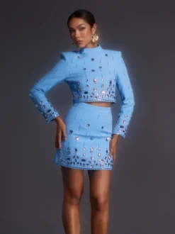 Vallea Long Sleeve Rhinestone Skirt Set In Blue