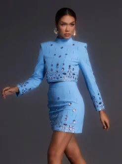 Vallea Long Sleeve Rhinestone Skirt Set In Blue