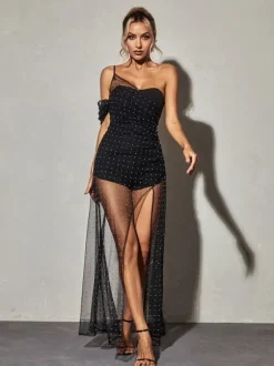 Vanita One Shoulder Mesh Maxi Dress In Black