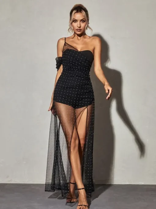 Vanita One Shoulder Mesh Maxi Dress In Black