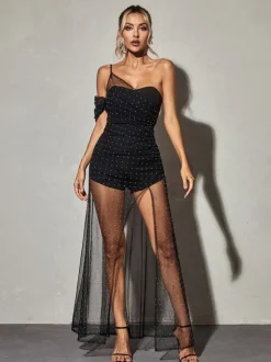 Vanita One Shoulder Mesh Maxi Dress In Black