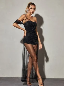 Vanita One Shoulder Mesh Maxi Dress In Black