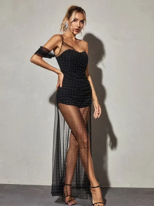 Vanita One Shoulder Mesh Maxi Dress In Black