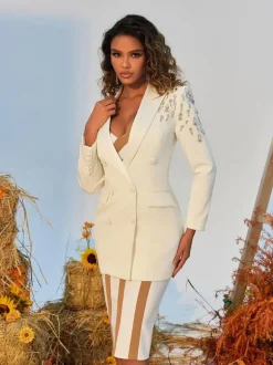 Vasil Rhinestone Embellished Blazer In White