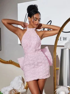Vedette Halterneck Flower Bow Mini Dress