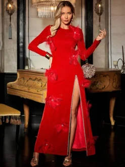 Veena Crystal Feather Trimmed Split Maxi Dress
