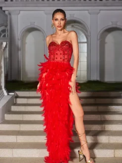 Vieby Strapless Rhinestone Feather Maxi Dress In Red
