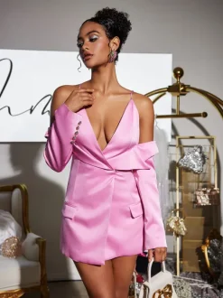Vila Plunge Draped Satin Blazer
