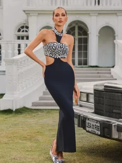 Vyxaria Halterneck Cutout Crystal Bandage Midi Dress