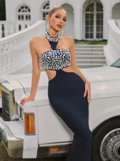 Vyxaria Halterneck Cutout Crystal Bandage Midi Dress
