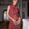 Wade Rhinestone Mesh Skirt Set In Red