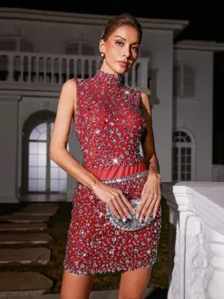 Wade Rhinestone Mesh Skirt Set In Red