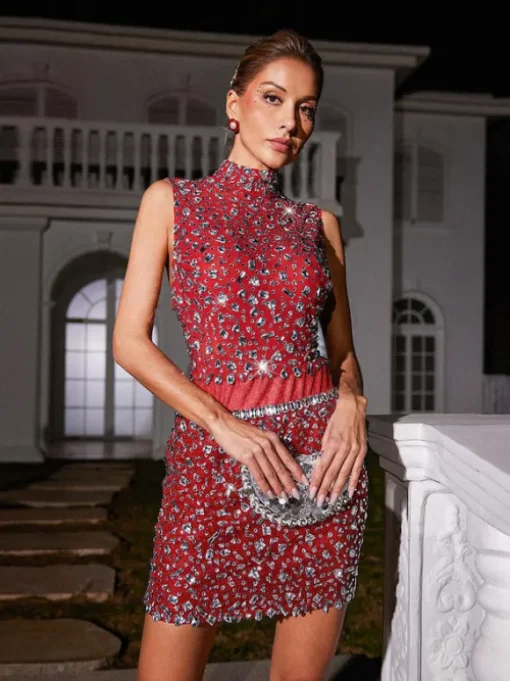 Wade Rhinestone Mesh Skirt Set In Red