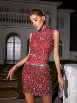 Wade Rhinestone Mesh Skirt Set In Red
