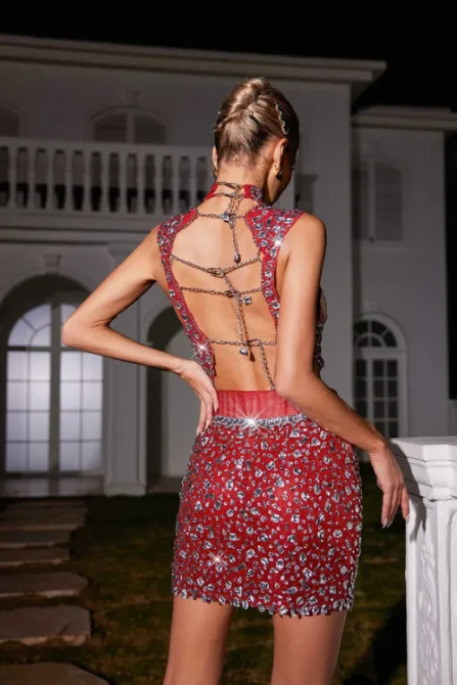 Wade Rhinestone Mesh Skirt Set In Red