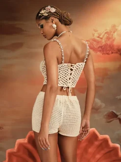 Wiebke Spaghetti Pearl Knit Shorts Set In Beige