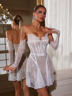 Wilma Strapless Corset Lace Mini Dress With Gloves