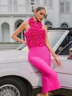 Wryssa Halterneck Flower Bandage Midi Dress