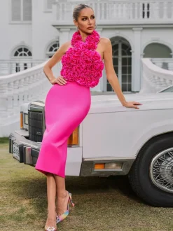 Wryssa Halterneck Flower Bandage Midi Dress