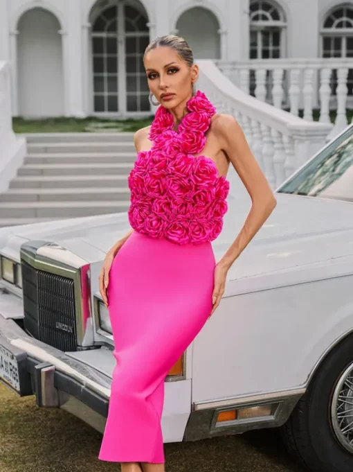 Wryssa Halterneck Flower Bandage Midi Dress