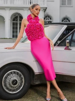 Wryssa Halterneck Flower Bandage Midi Dress
