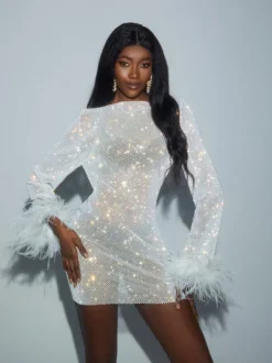 Xanthe Rhinestone Mesh Mini Dress In White