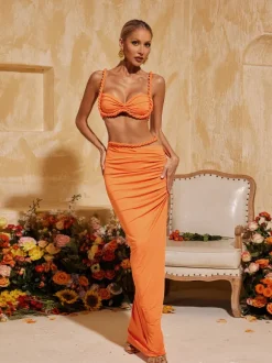 Xinia Spaghetti Ruched Skirt Set In Orange