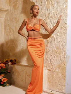 Xinia Spaghetti Ruched Skirt Set In Orange