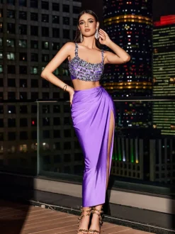 Yeats Spaghetti Crystal Split Skirt Set In Purple
