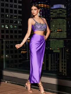 Yeats Spaghetti Crystal Split Skirt Set In Purple