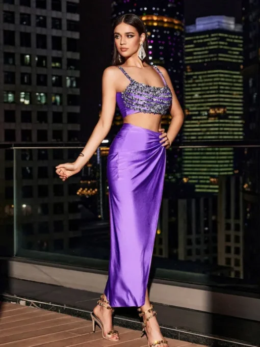 Yeats Spaghetti Crystal Split Skirt Set In Purple