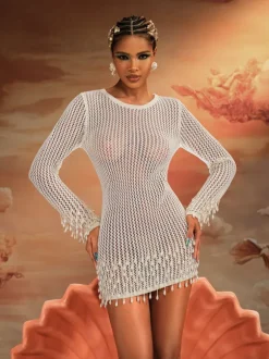 Yorick Long Sleeve Knit Mini Dress In White