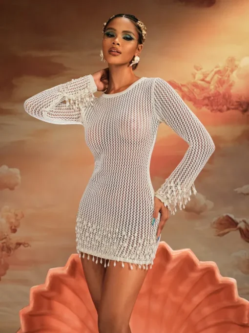 Yorick Long Sleeve Knit Mini Dress In White