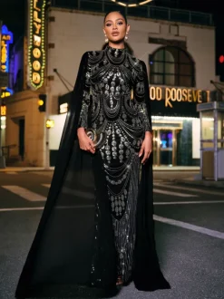 Yuriy Long Sleeve Sequin Draped Maxi Dress