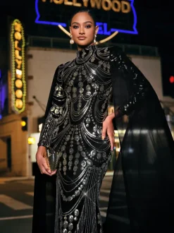 Yuriy Long Sleeve Sequin Draped Maxi Dress
