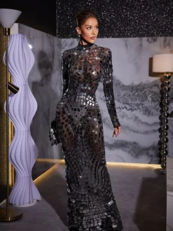 Zain Long Sleeve Acrylic Mesh Maxi Dress