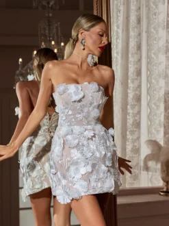 Zeina Strapless Flower Embroidered Mini Dress